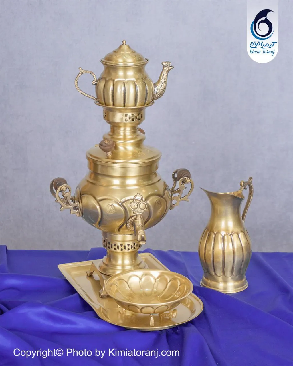 سرویس سماور زغالی 2 لیتری عدسی خطی برنجی ضخیم با ضمانت ۶۰ ماهه کیمیاترنج