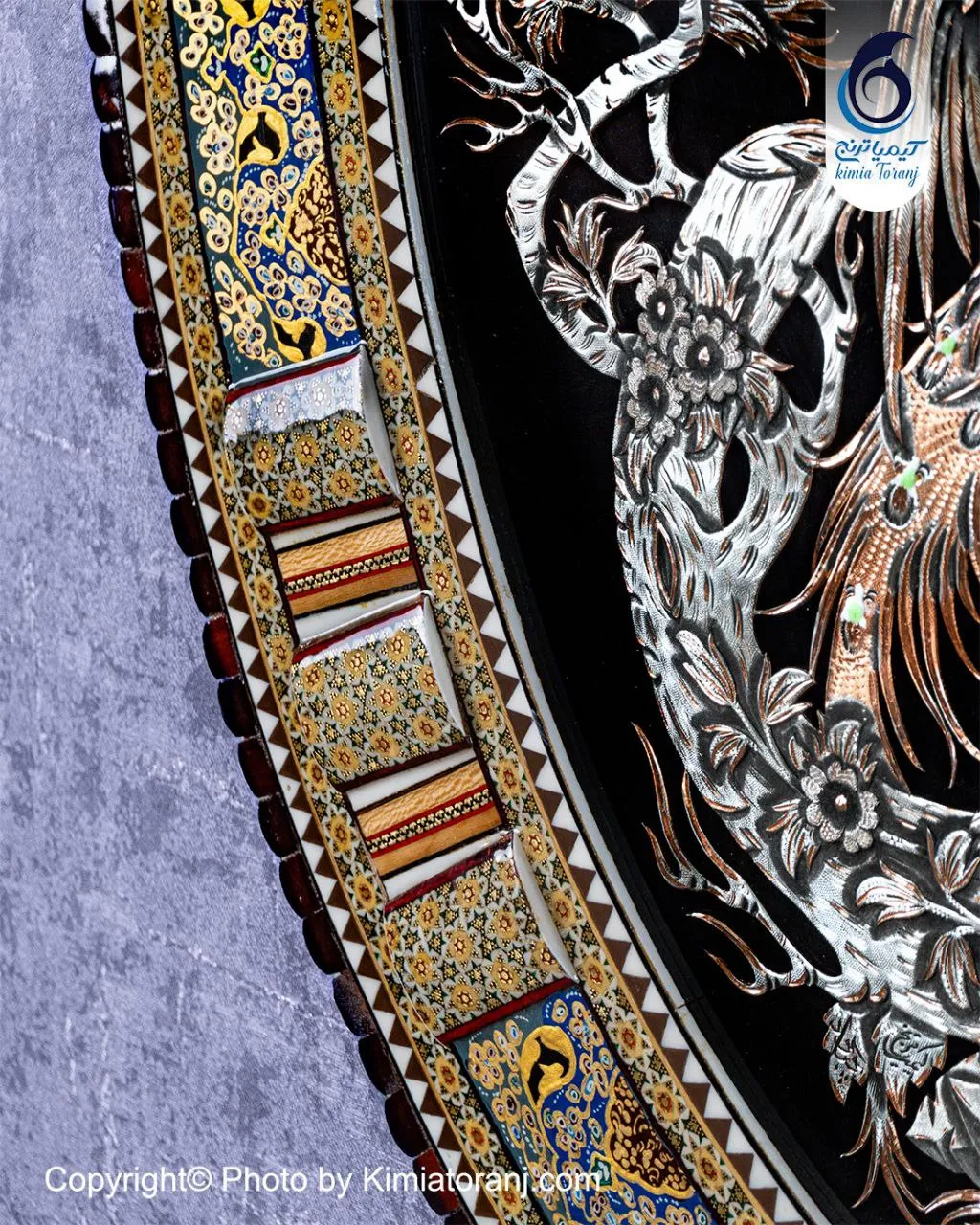 تابلو خاتم تذهیب بیضی با پلاک قلم زنی سیمرغ