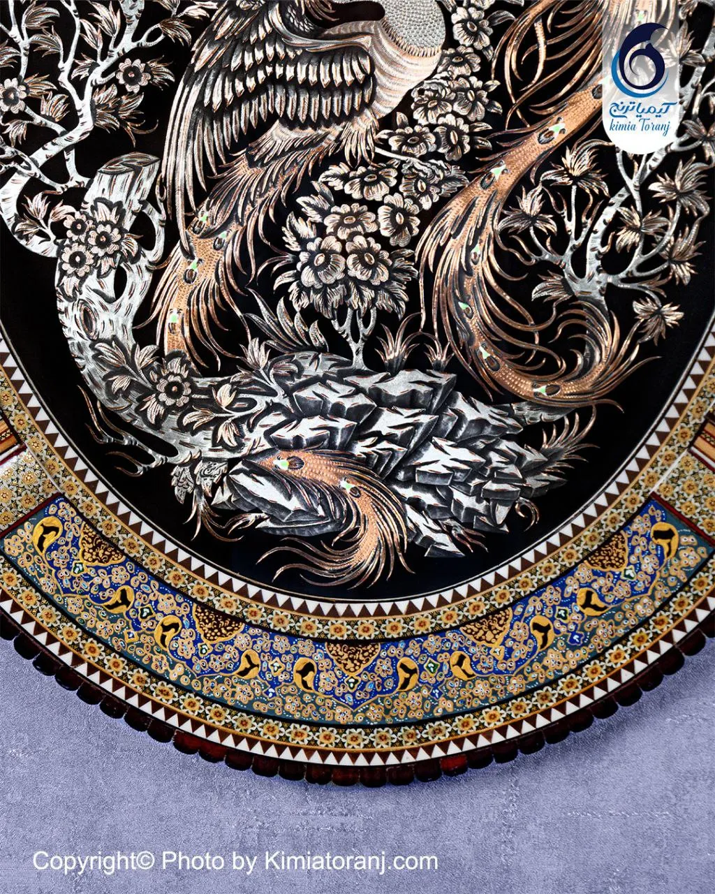 تابلو خاتم تذهیب بیضی با پلاک قلم زنی سیمرغ