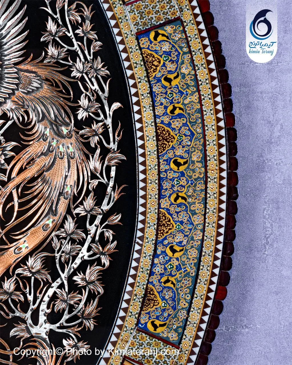 تابلو خاتم تذهیب بیضی با پلاک قلم زنی سیمرغ