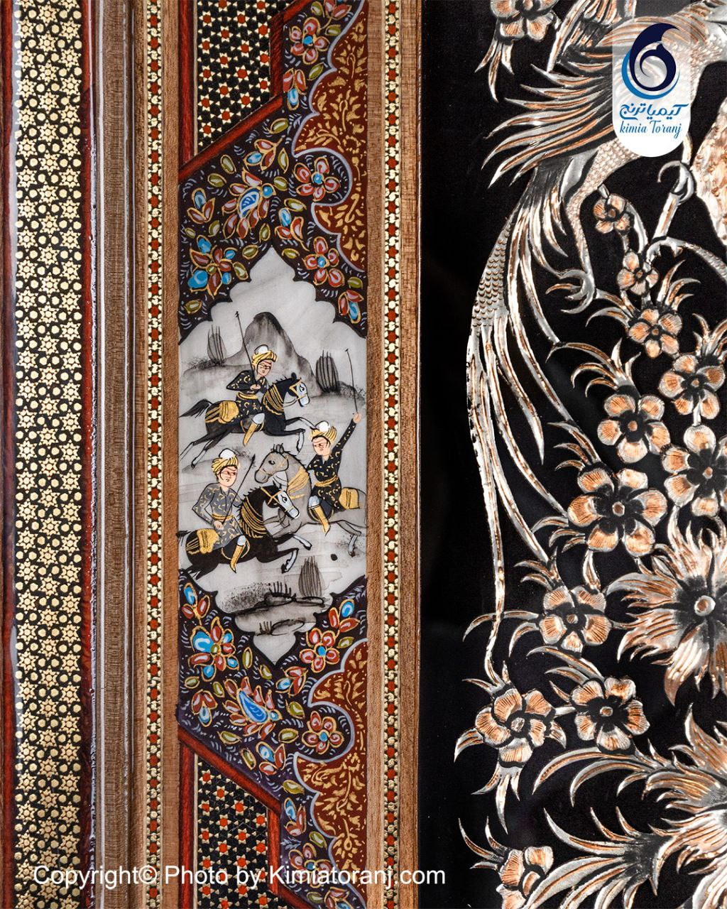 تابلو نقاشی سیاه قلم با پلاک قلمزنی گل و مرغ