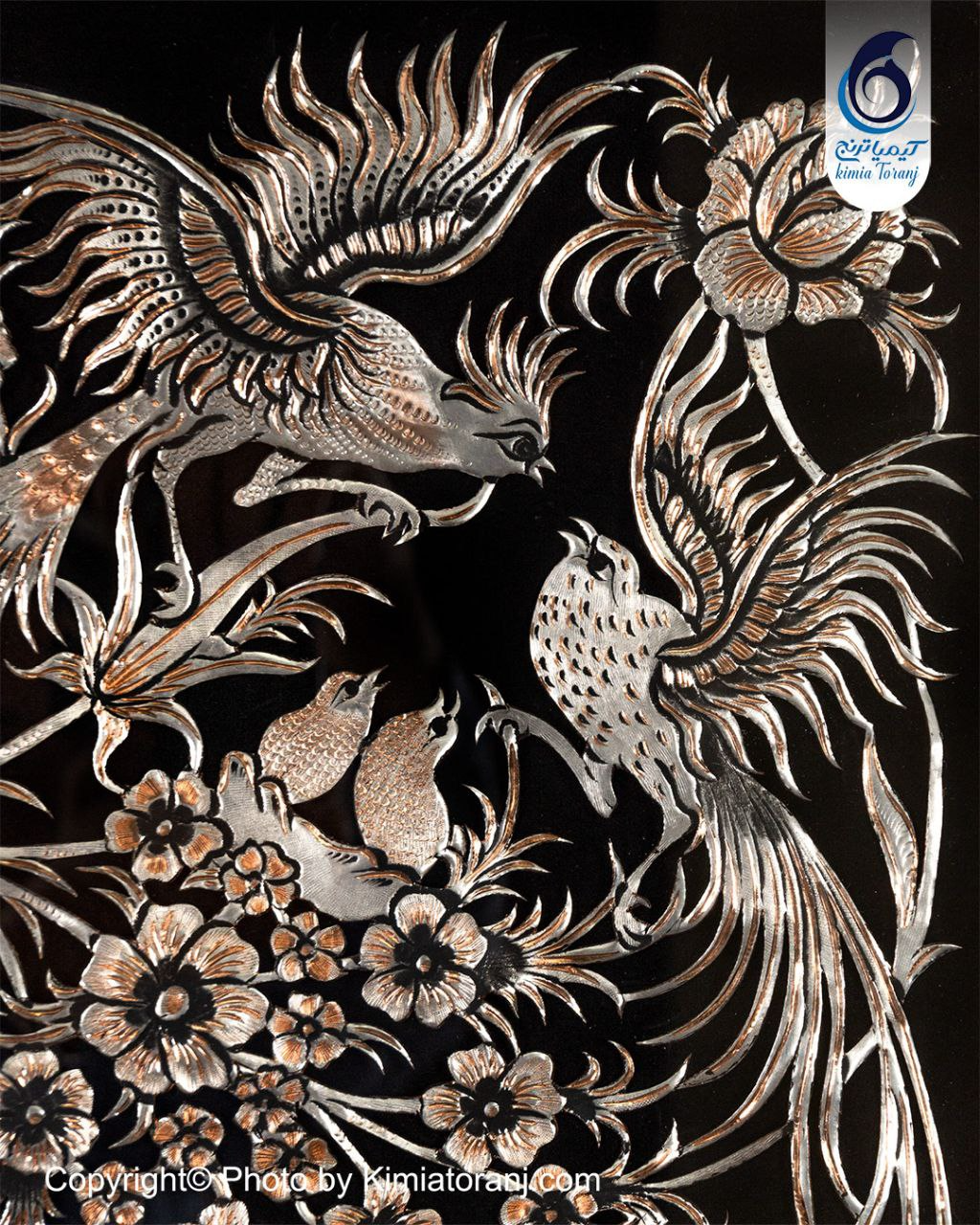 تابلو نقاشی سیاه قلم با پلاک قلمزنی گل و مرغ