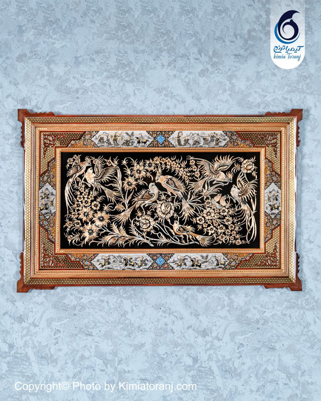 تابلو نقاشی سیاه قلم با پلاک قلمزنی گل و مرغ