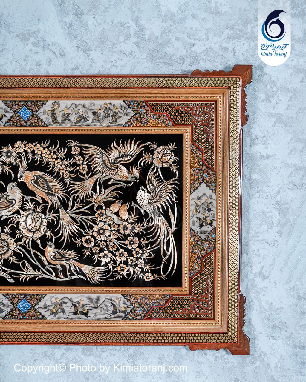 تابلو نقاشی سیاه قلم با پلاک قلمزنی گل و مرغ