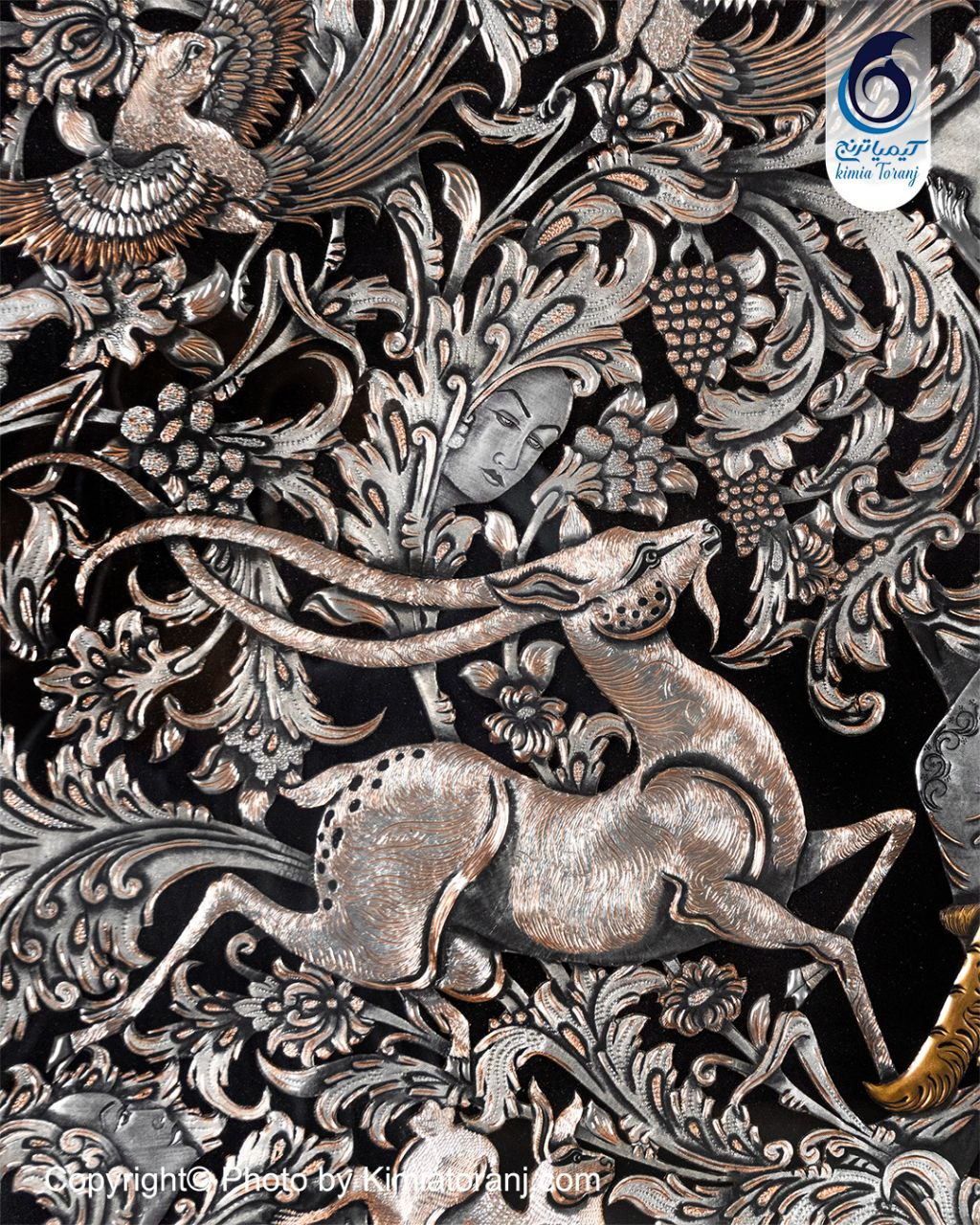 تابلو خاتم و تذهیب با پلاک قلمزنی گل و مرغ و صورت