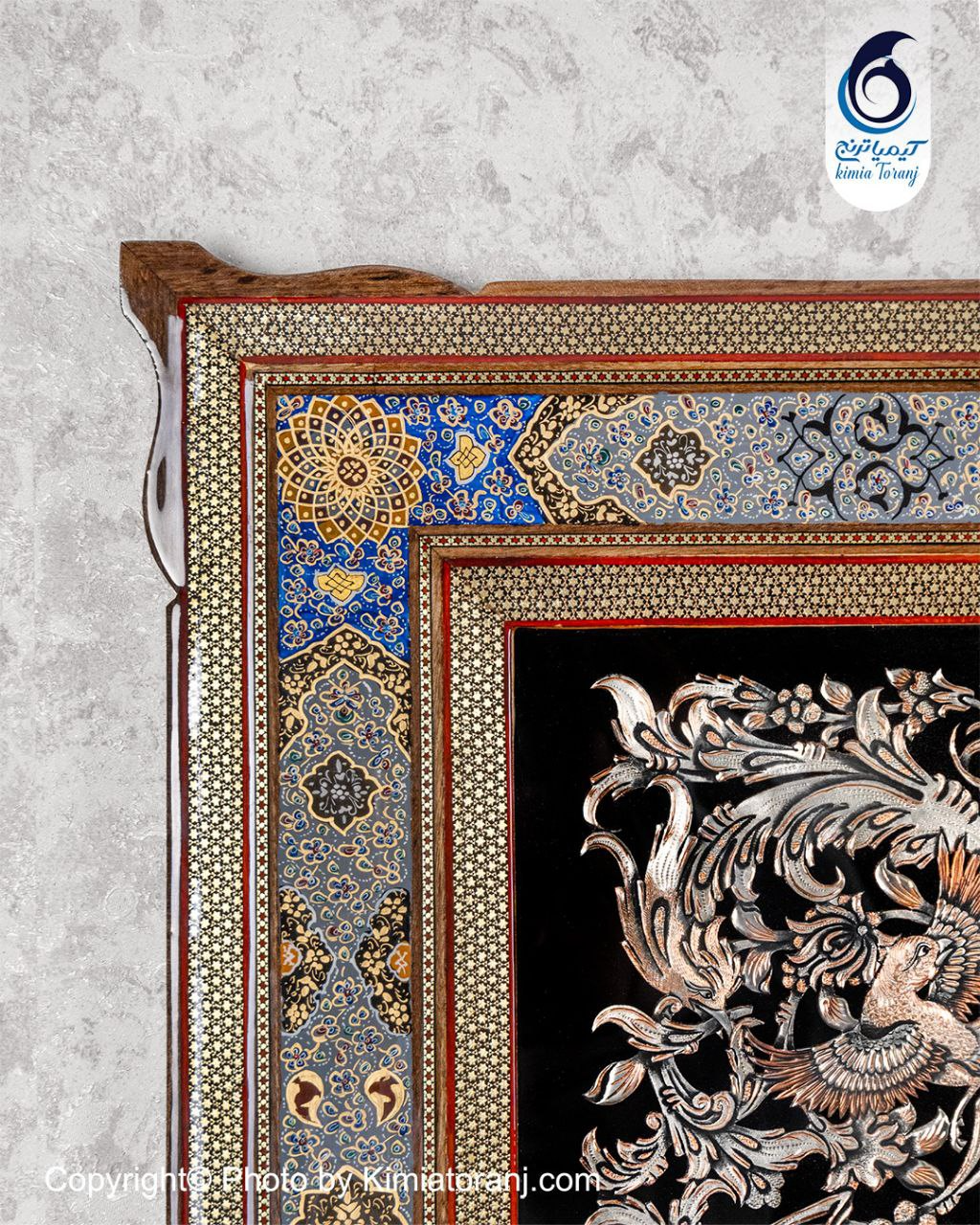 تابلو خاتم و تذهیب با پلاک قلمزنی گل و مرغ و صورت