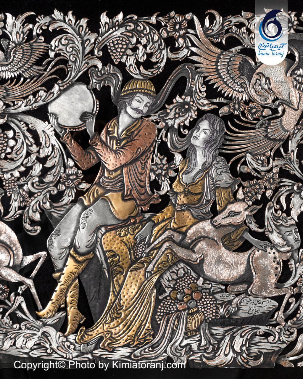 تابلو خاتم و تذهیب با پلاک قلمزنی گل و مرغ و صورت