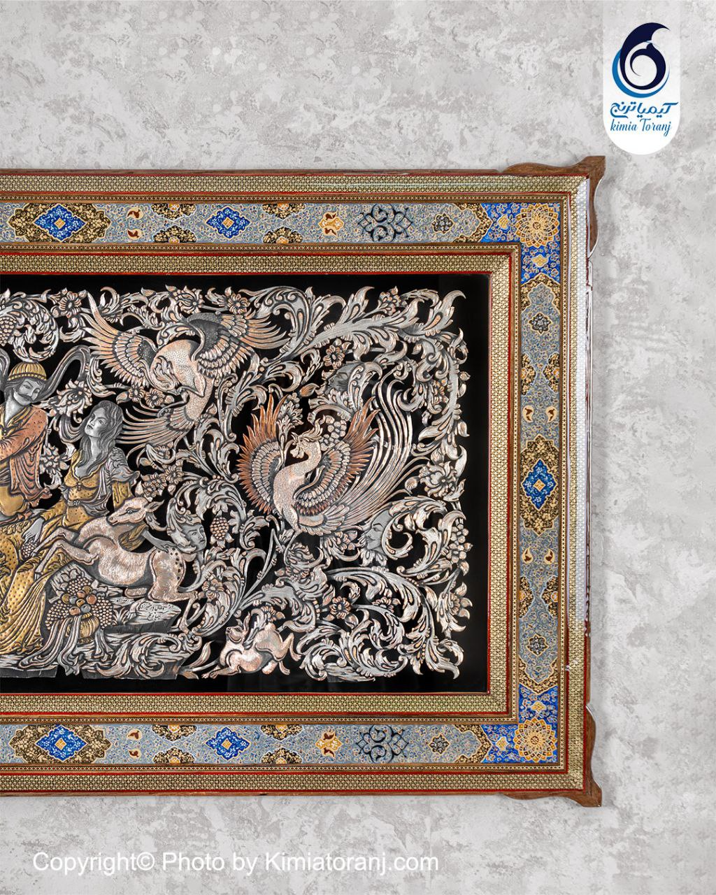 تابلو خاتم و تذهیب با پلاک قلمزنی گل و مرغ و صورت