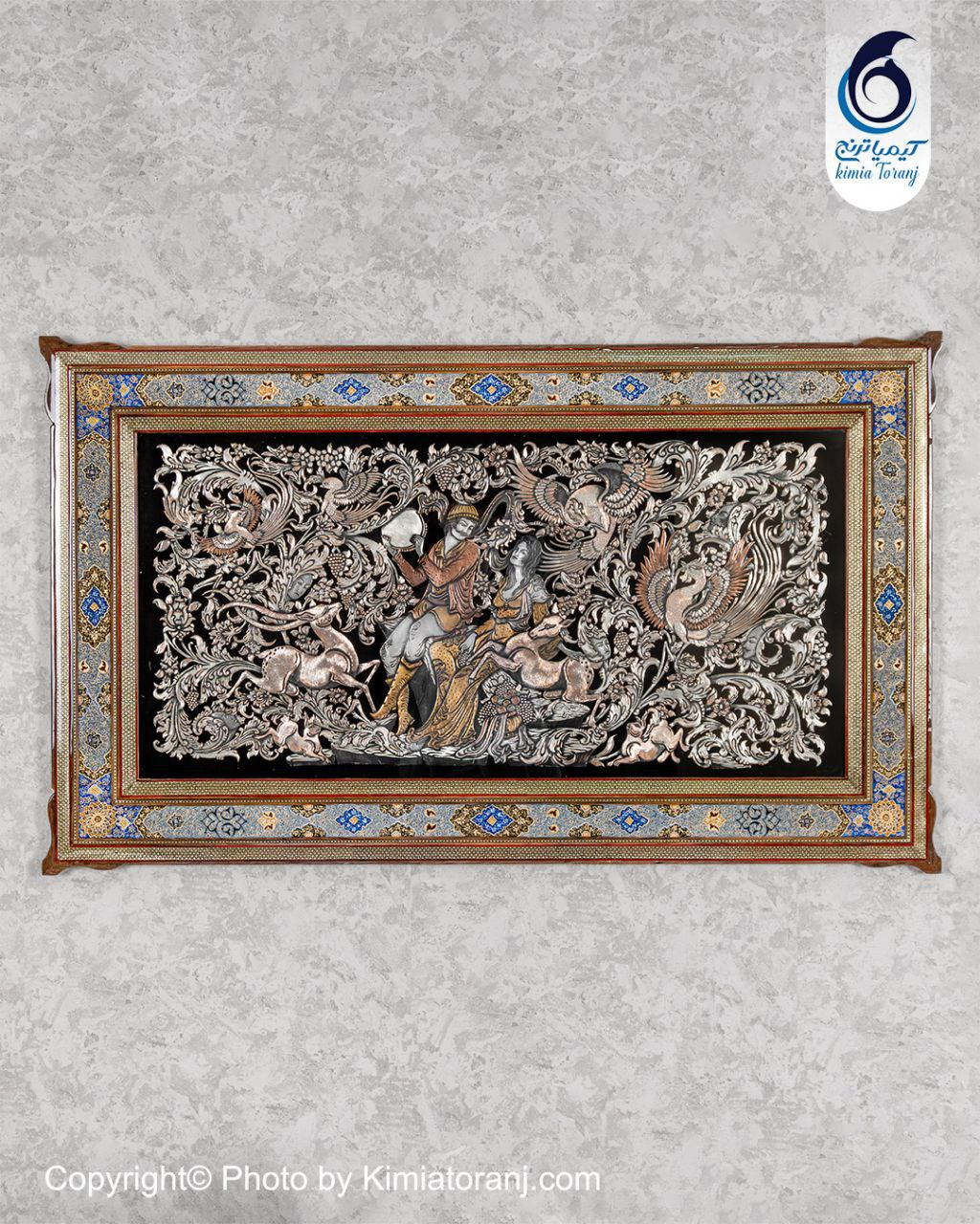 تابلو خاتم و تذهیب با پلاک قلمزنی گل و مرغ و صورت