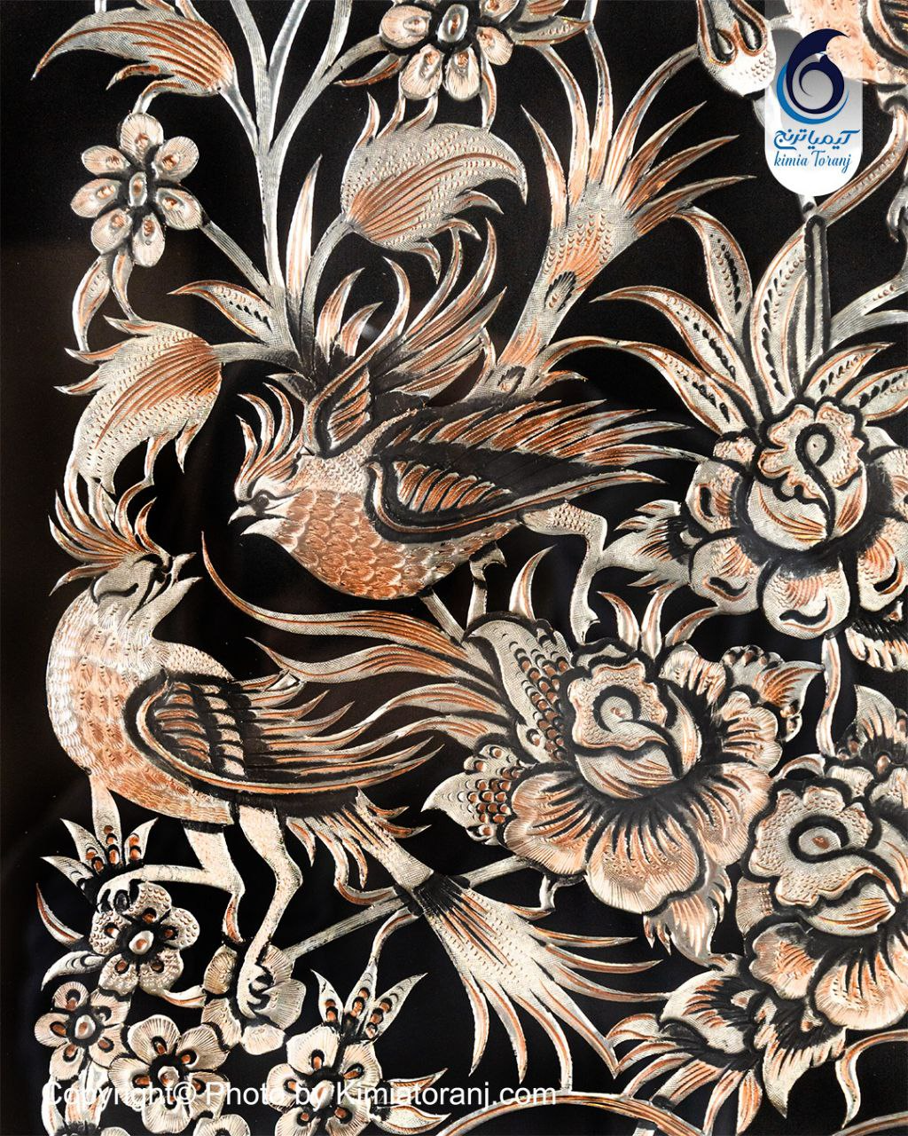 تابلو خاتم و تذهیب با پلاک قلمزنی گل و مرغ