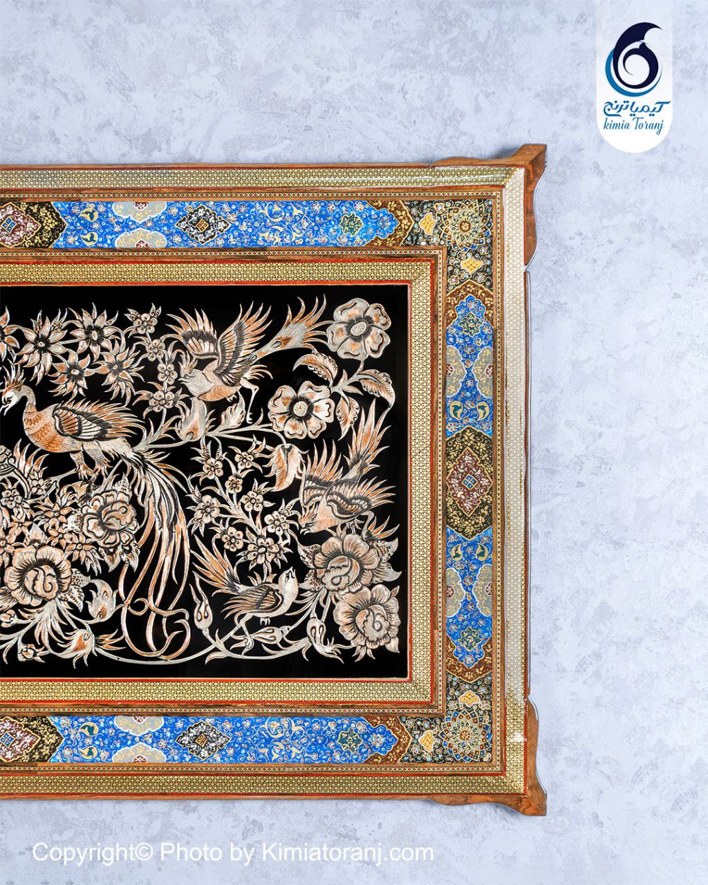 تابلو خاتم و تذهیب با پلاک قلمزنی گل و مرغ