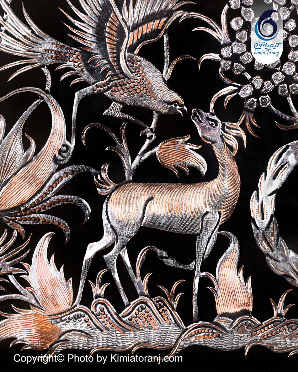 تابلو خاتم و تذهیب با پلاک قلمزنی گل ومرغ