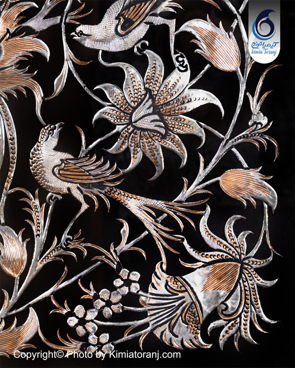 تابلو خاتم و تذهیب با پلاک قلمزنی گل ومرغ