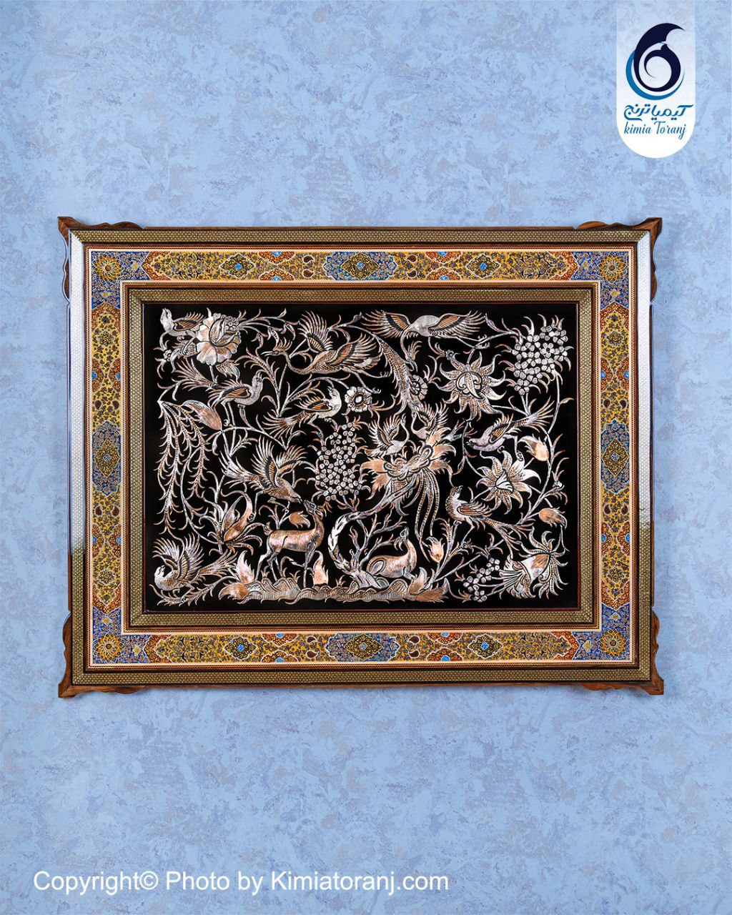 تابلو خاتم و تذهیب با پلاک قلمزنی گل ومرغ