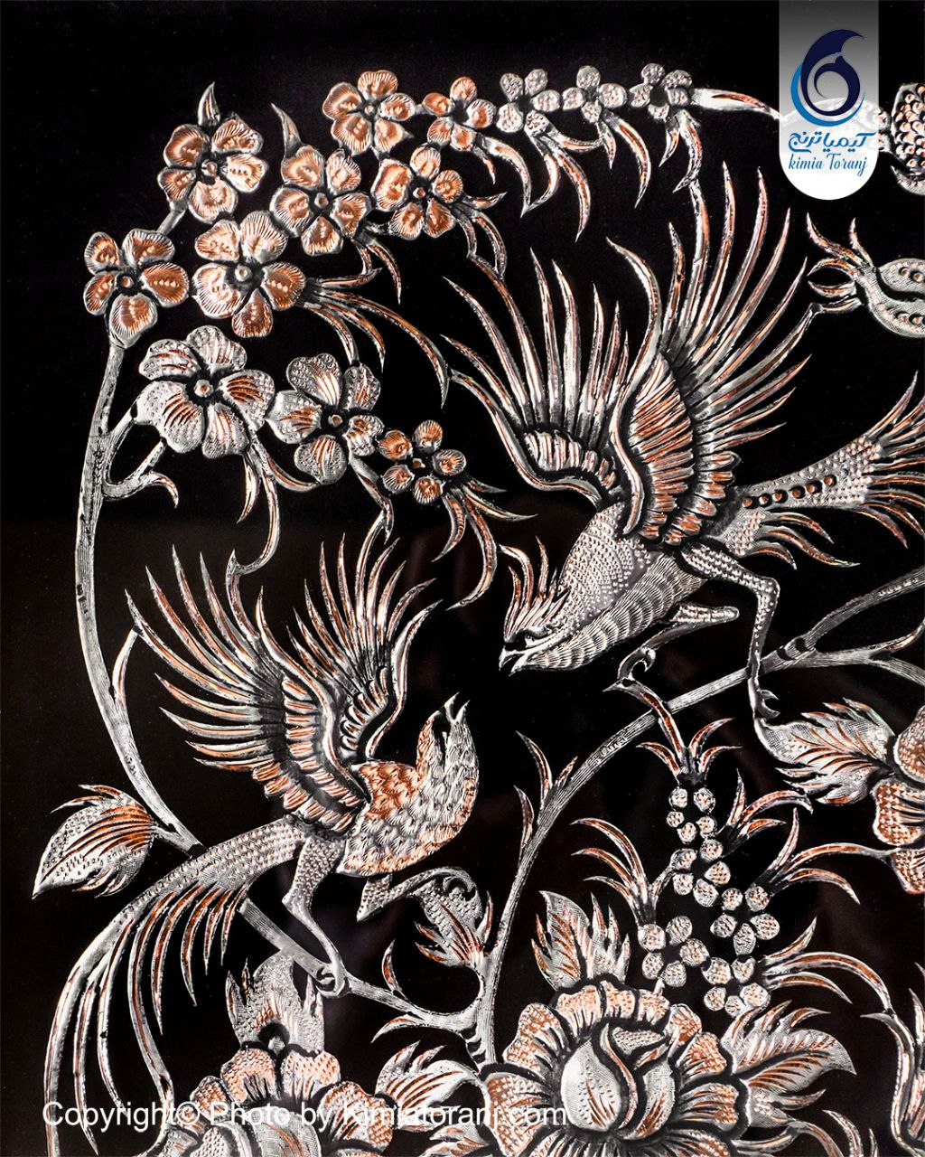 تابلو خاتم و تذهیب با پلاک قلمزنی گل ومرغ