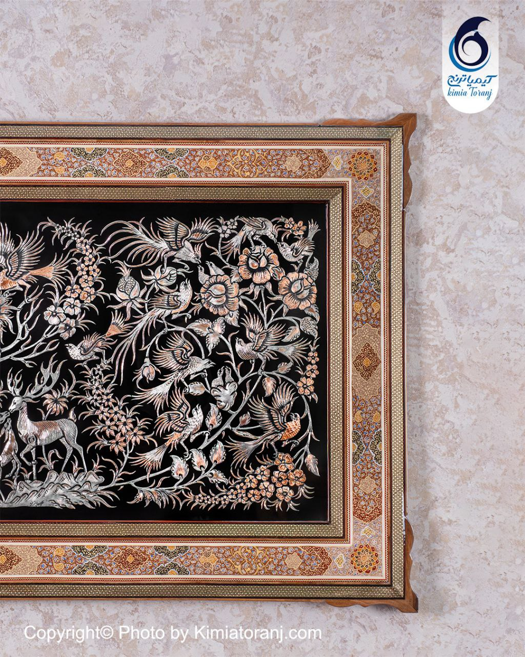 تابلو خاتم و تذهیب با پلاک قلمزنی گل ومرغ