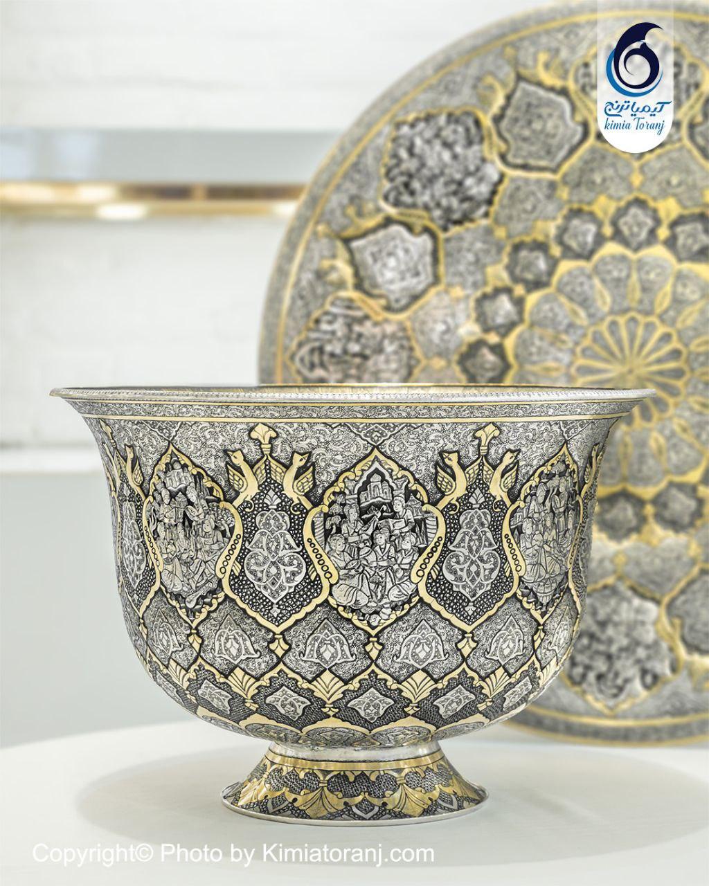 کاسه بشقاب قلم زنی گل و مرغ و اسلیمی و صورت