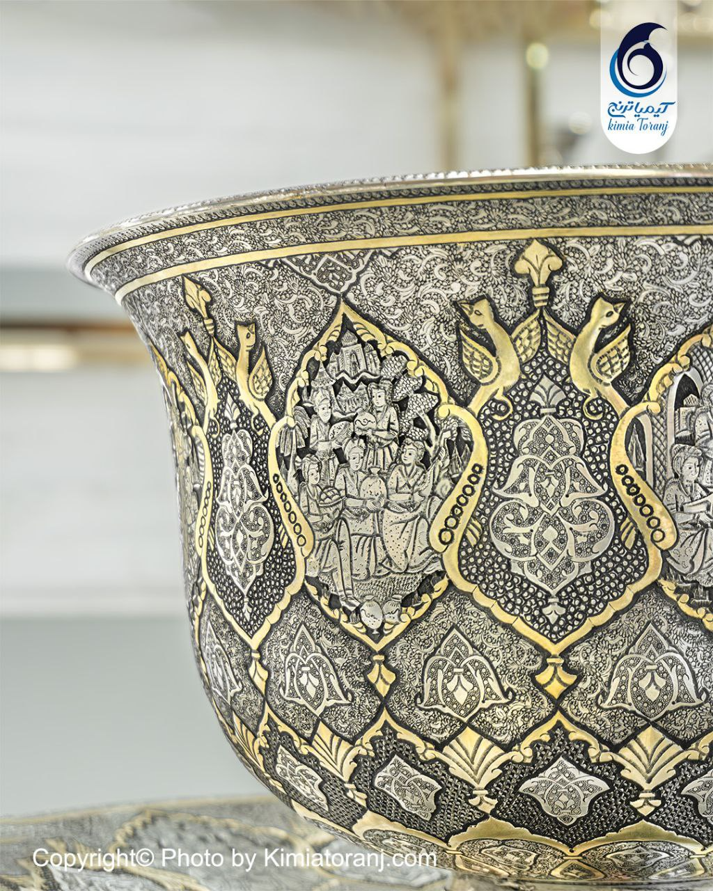 کاسه بشقاب قلم زنی گل و مرغ و اسلیمی و صورت