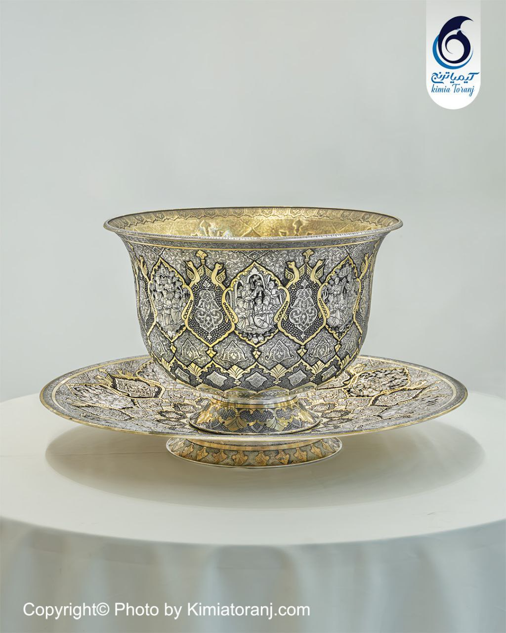 کاسه بشقاب قلم زنی گل و مرغ و اسلیمی و صورت