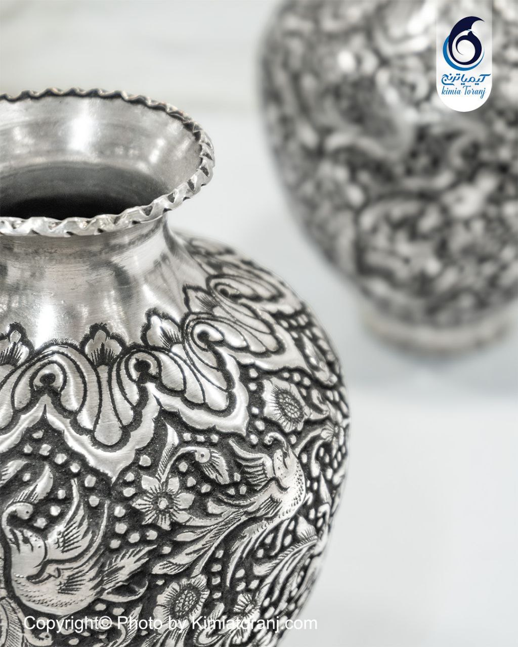 گلدان قلم زنی شکمی گل و مرغ