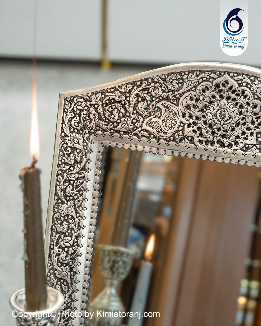 آینه شمعدان چهارگوش تاجدار 43 شبه نقره قلم گل و مرغ