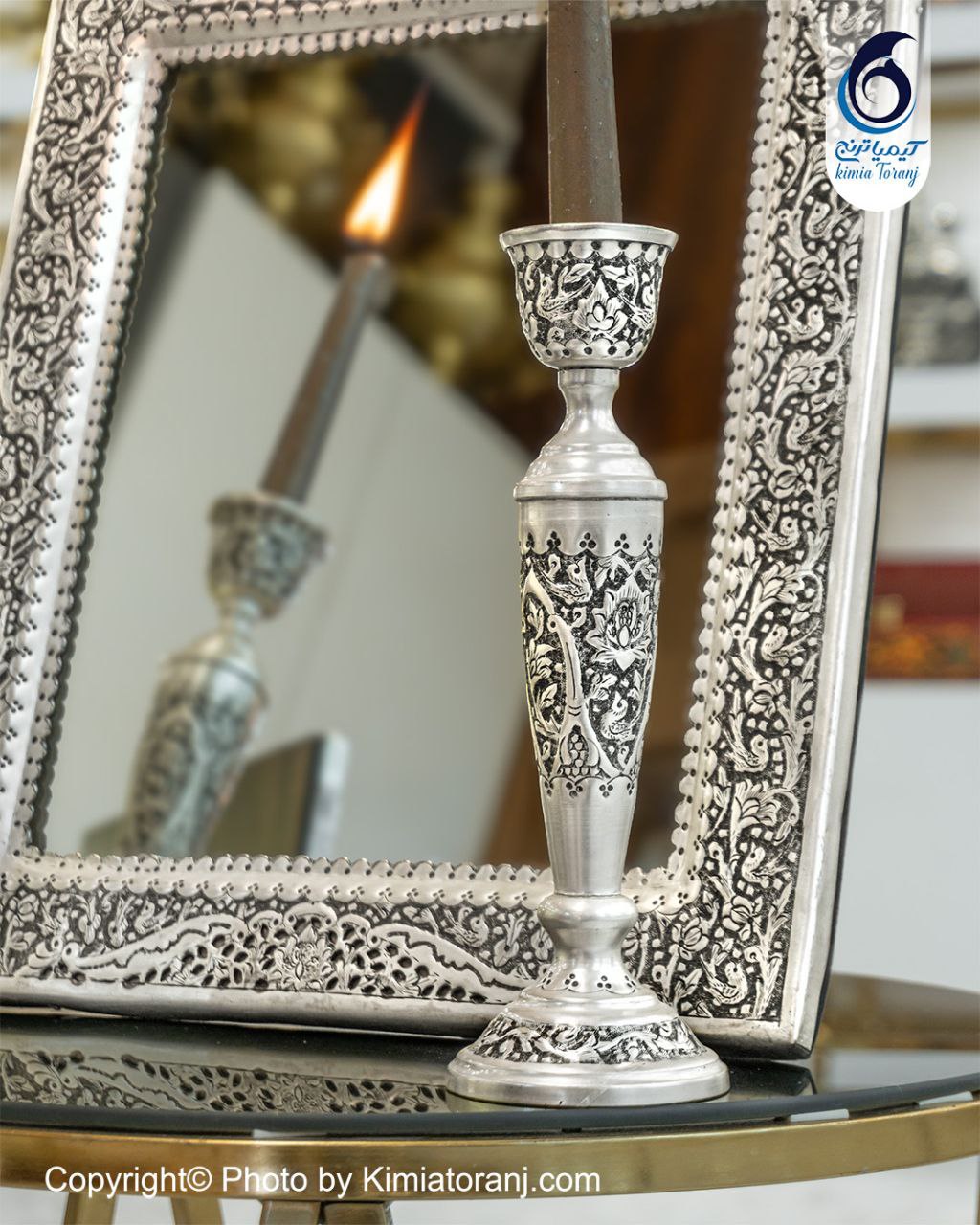 آینه شمعدان چهارگوش تاجدار 43 شبه نقره قلم گل و مرغ