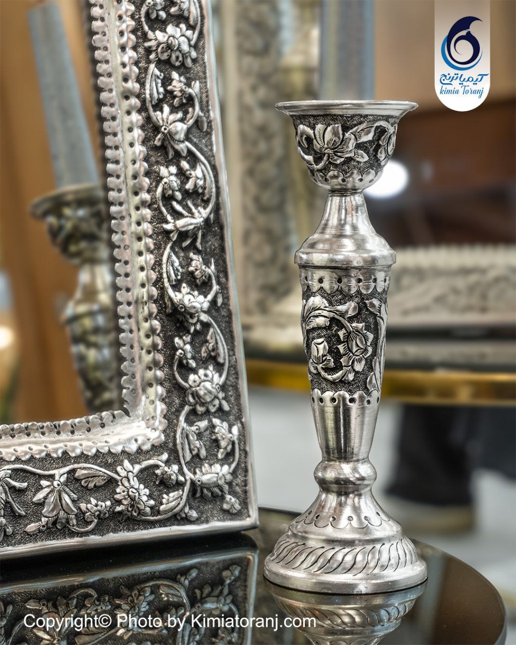 آینه شمعدان چهارگوش 33 شبه نقره قلم‌گل برجسته