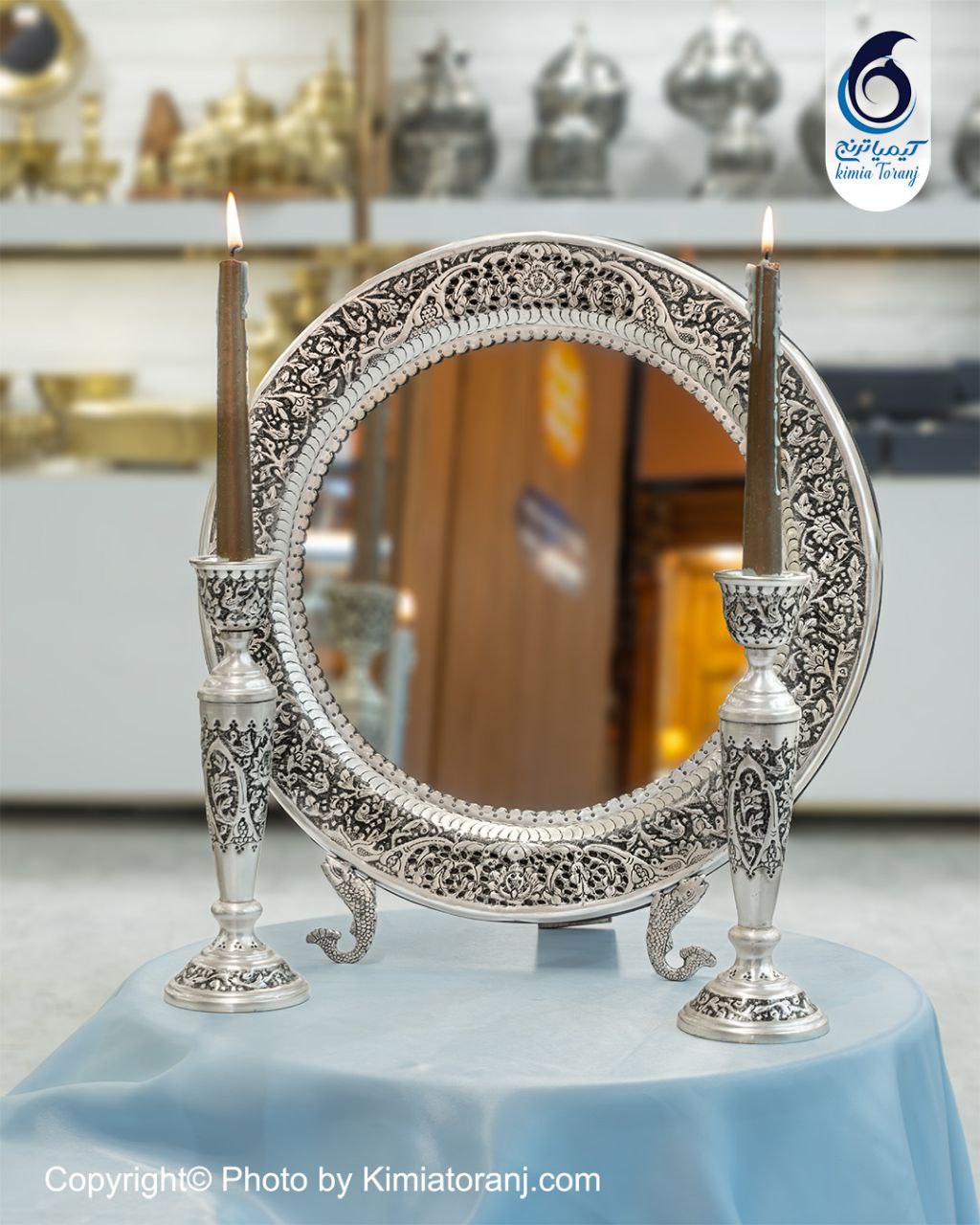 آینه شمعدان گرد 37 شبه نقره قلم گل و مرغ