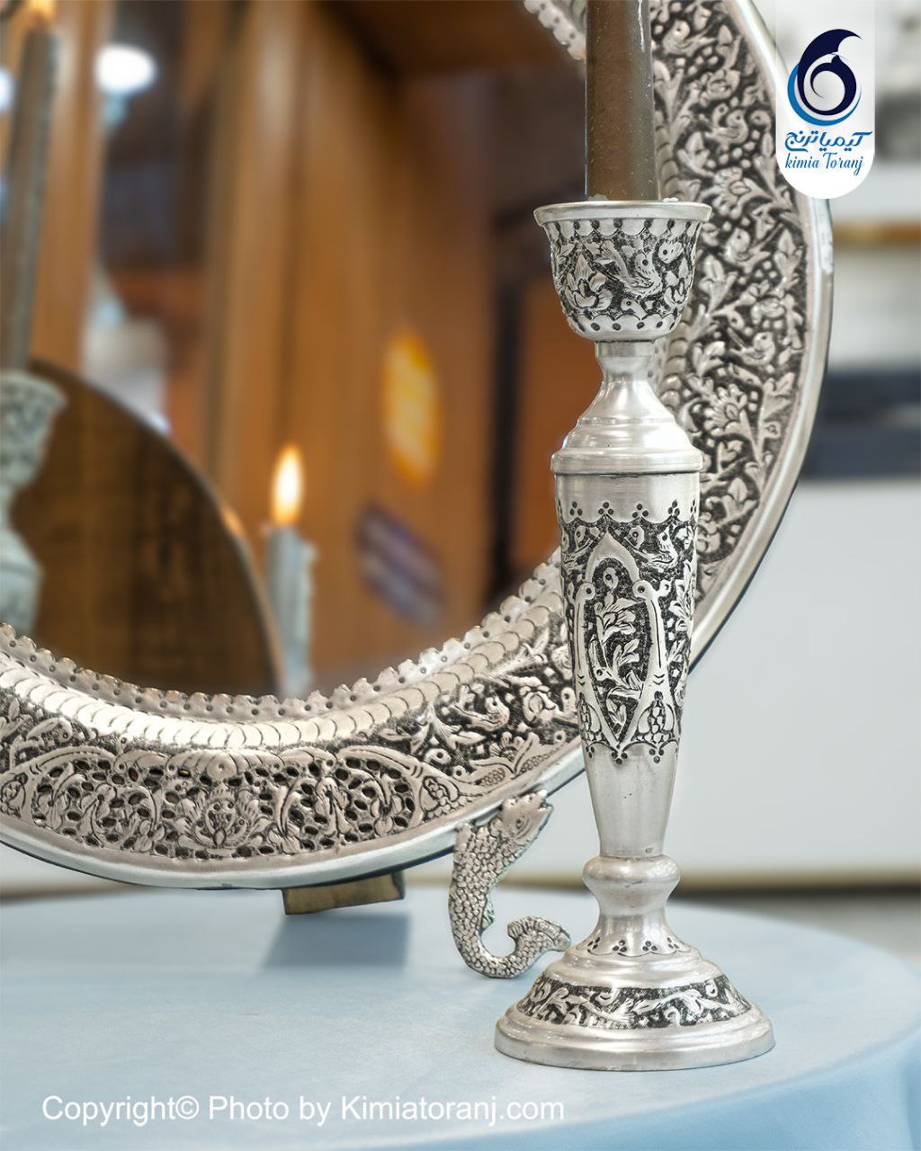 آینه شمعدان گرد 37 شبه نقره قلم گل و مرغ