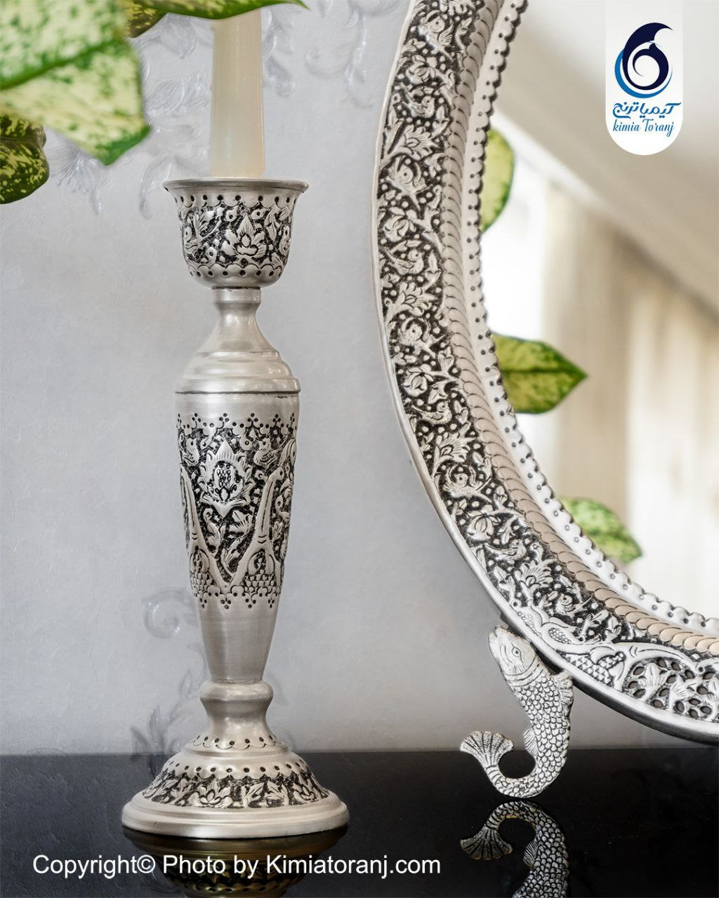 آینه شمعدان عروس بیضی تاجدار 60 شبه نقره قلم گل و مرغ