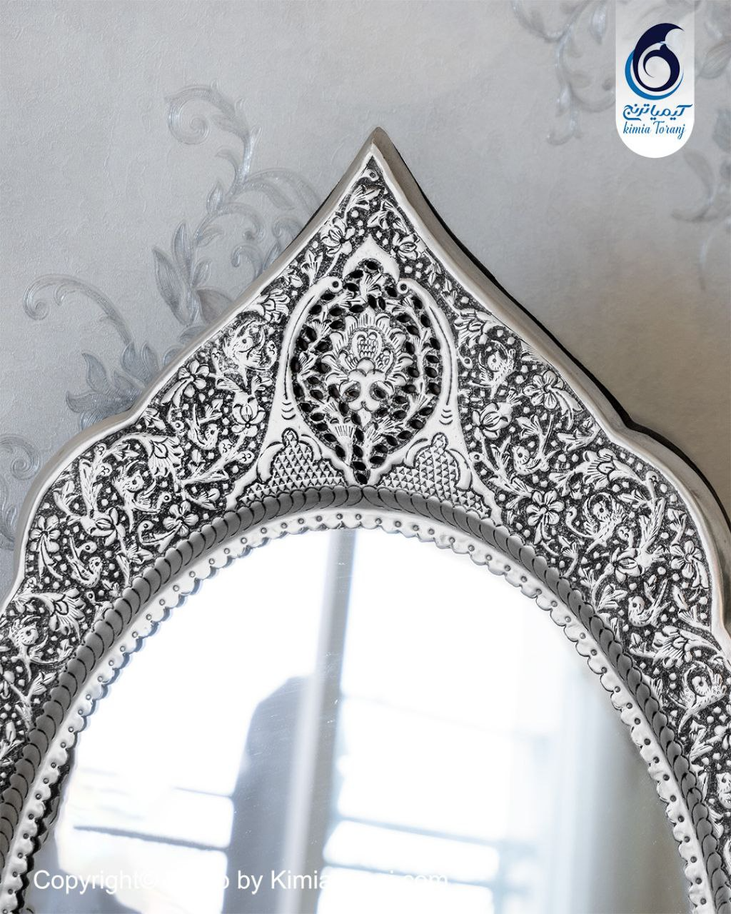 آینه شمعدان عروس بیضی تاجدار 60 شبه نقره قلم گل و مرغ