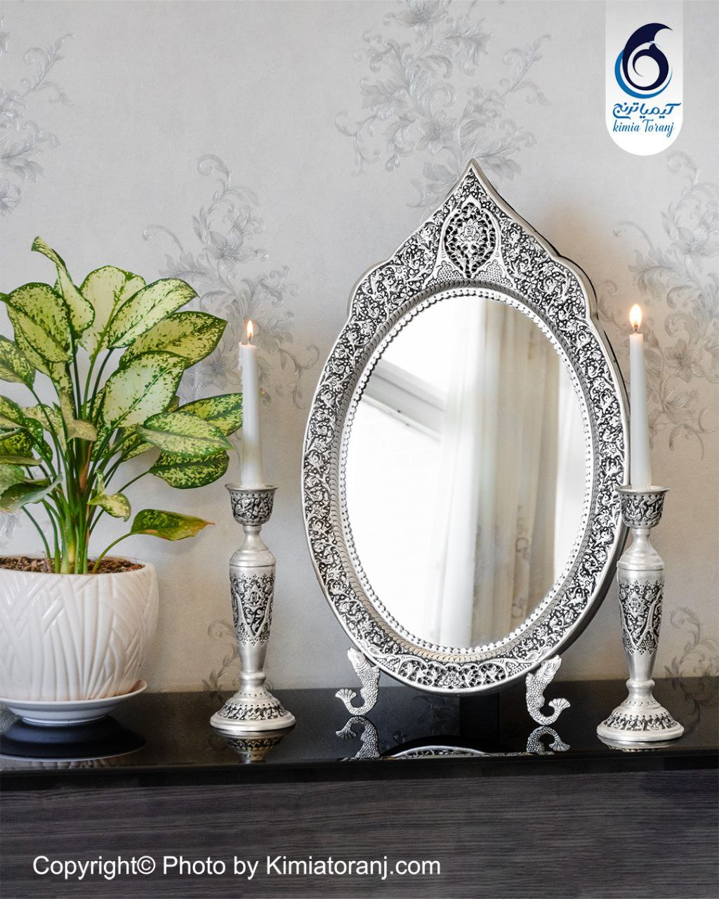 آینه شمعدان عروس بیضی تاجدار 60 شبه نقره قلم گل و مرغ