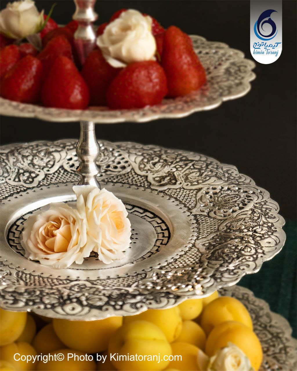 شیرینی خوری شبه نقره سه طبقه قلم گل و مرغ