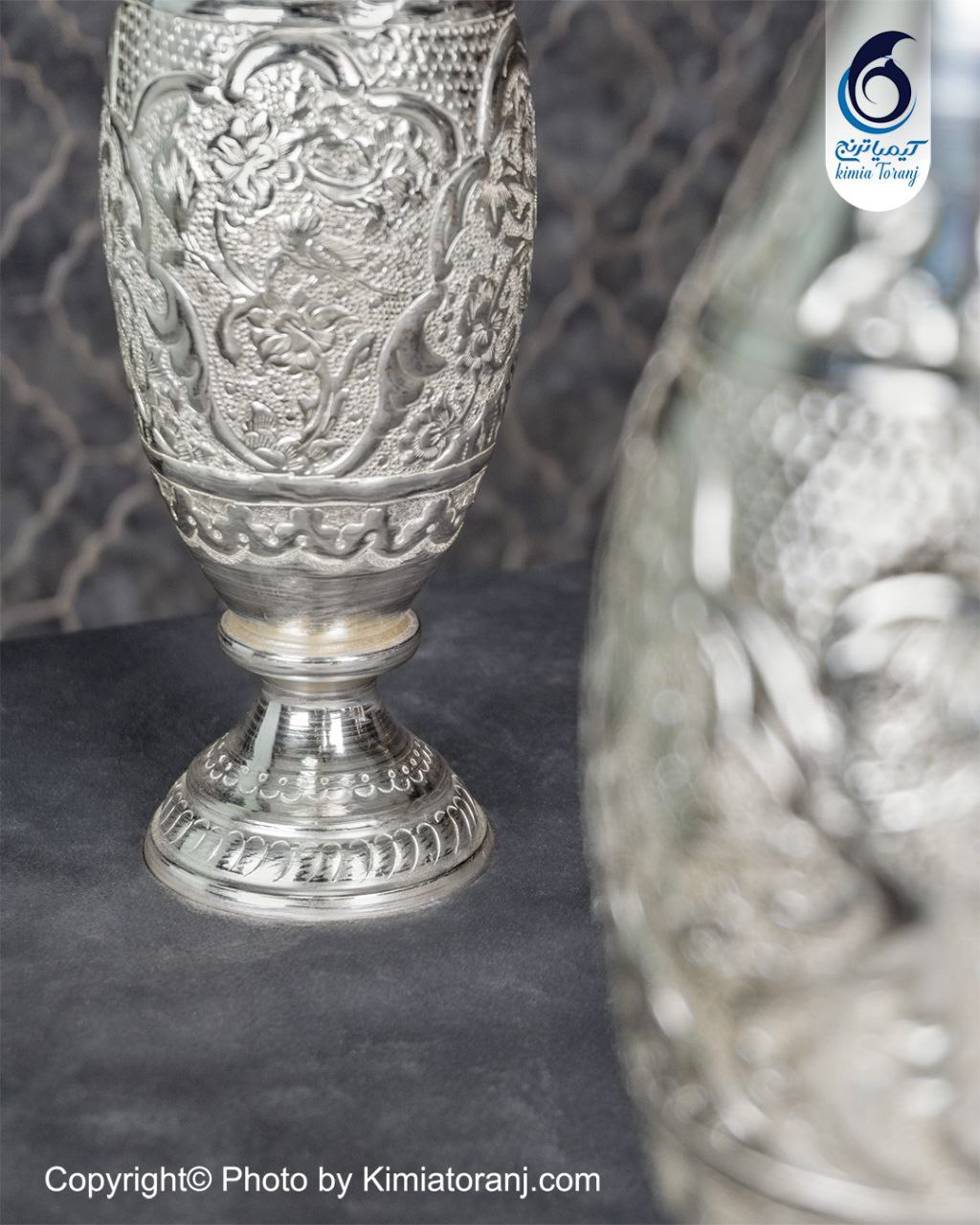 گلدان موشکی شبه نقره قلم گل و مرغ