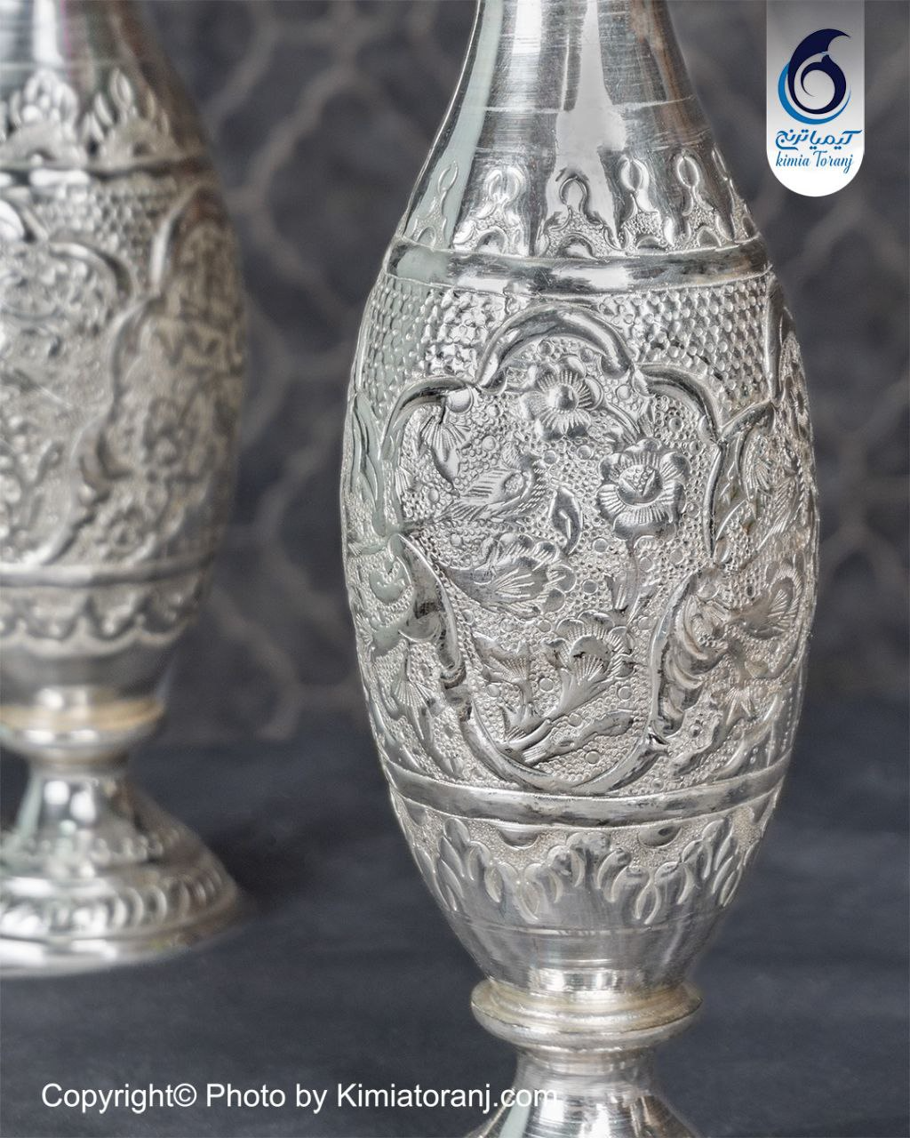 گلدان موشکی شبه نقره قلم گل و مرغ