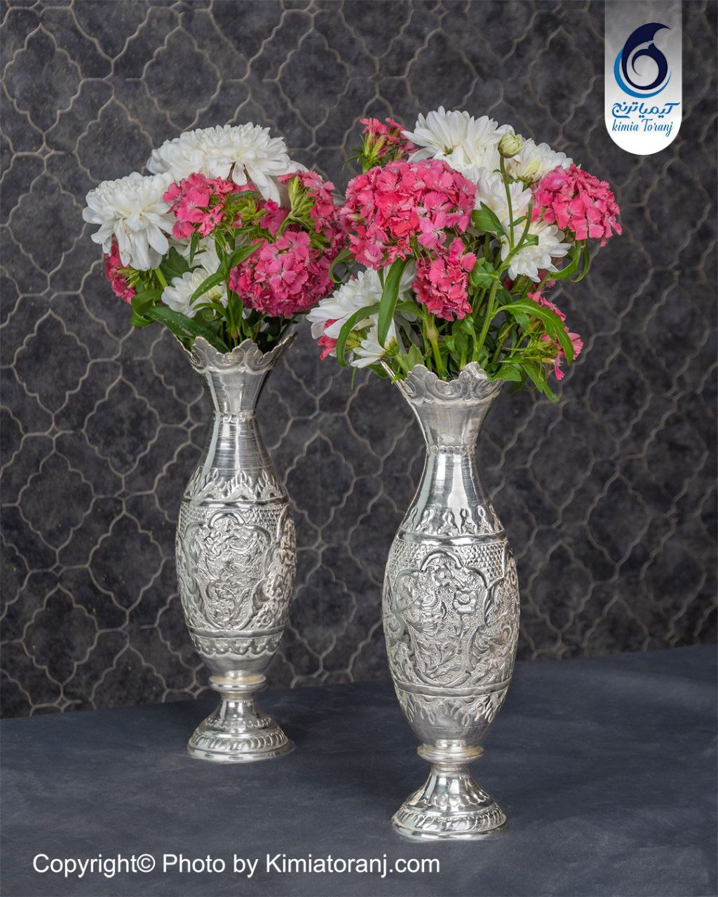 گلدان موشکی شبه نقره قلم گل و مرغ