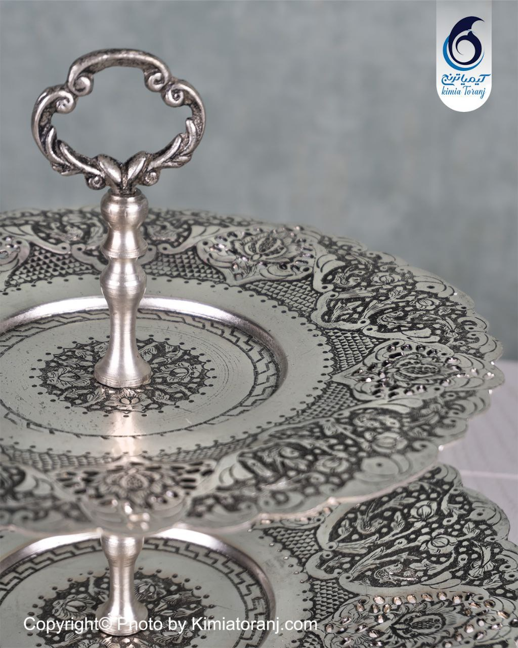 شیرینی خوری شبه نقره دو طبقه قلم گل و مرغ