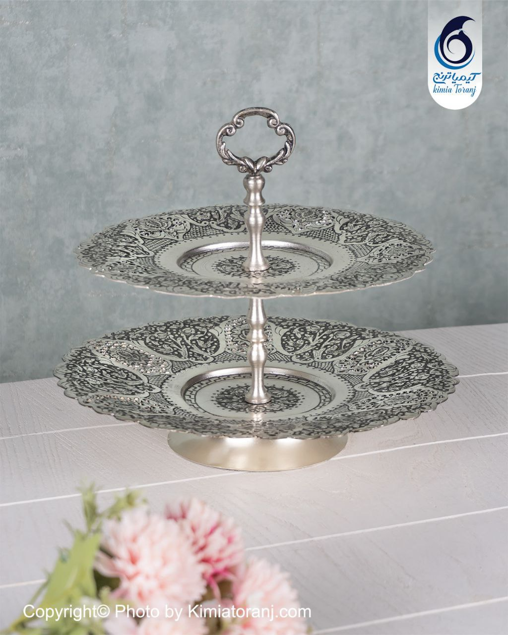 شیرینی خوری شبه نقره دو طبقه قلم گل و مرغ