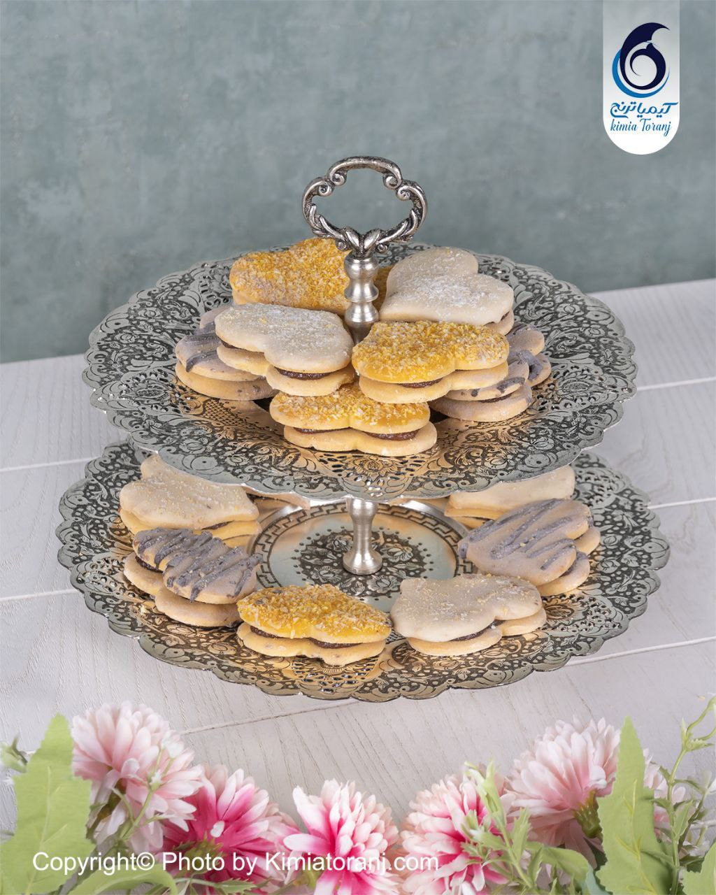 شیرینی خوری شبه نقره دو طبقه قلم گل و مرغ