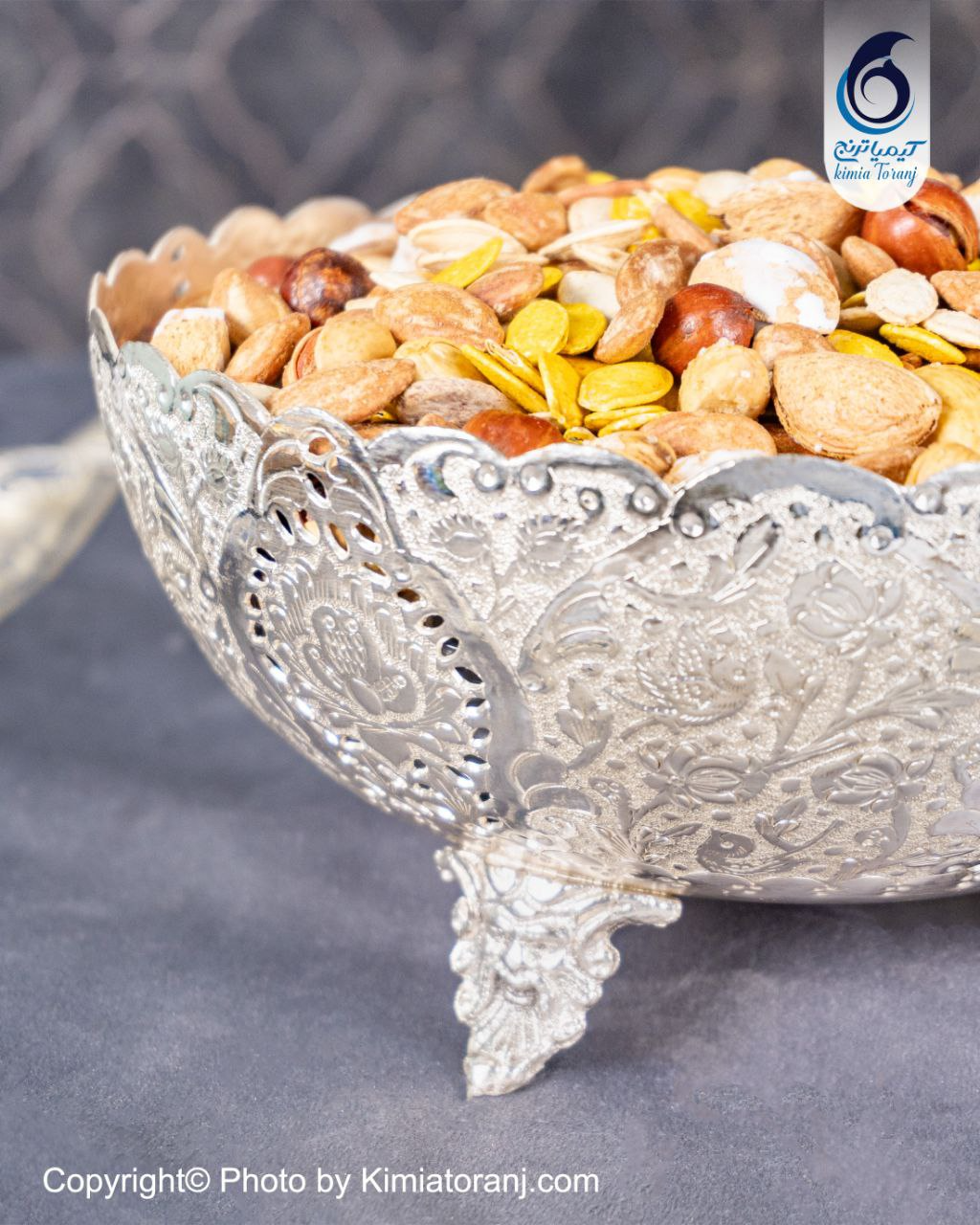 آجیل خوری شبه نقره سه پایه قلم گل و مرغ