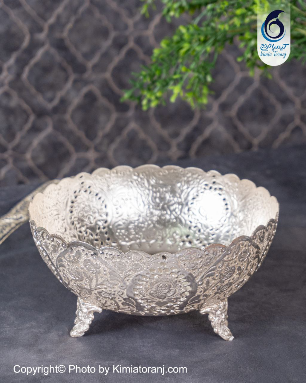 آجیل خوری شبه نقره سه پایه قلم گل و مرغ