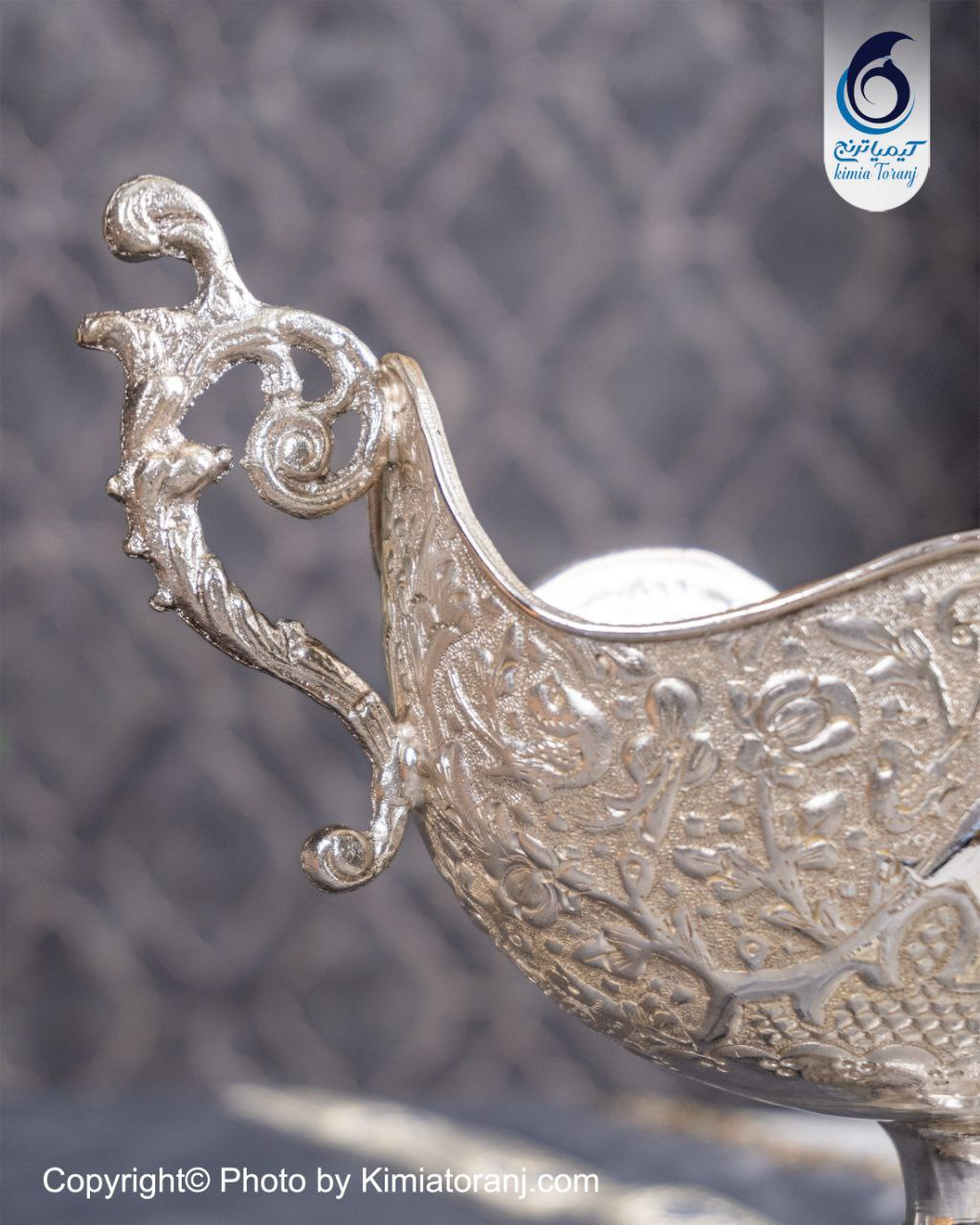 کشکول شبه نقره تک پایه دسته دار قلم گل و مرغ