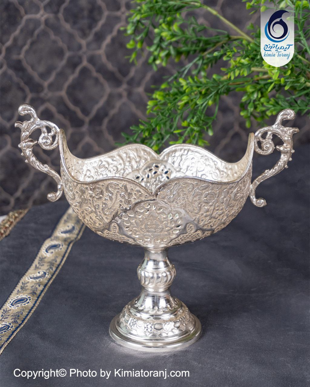 کشکول شبه نقره تک پایه دسته دار قلم گل و مرغ