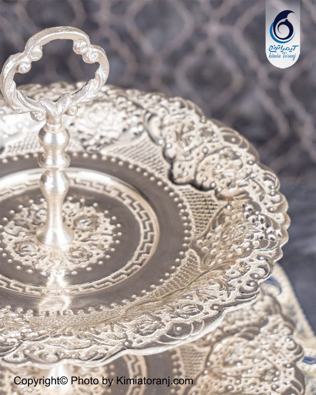 شیرینی خوری شبه نقره دو طبقه قلم گل و مرغ