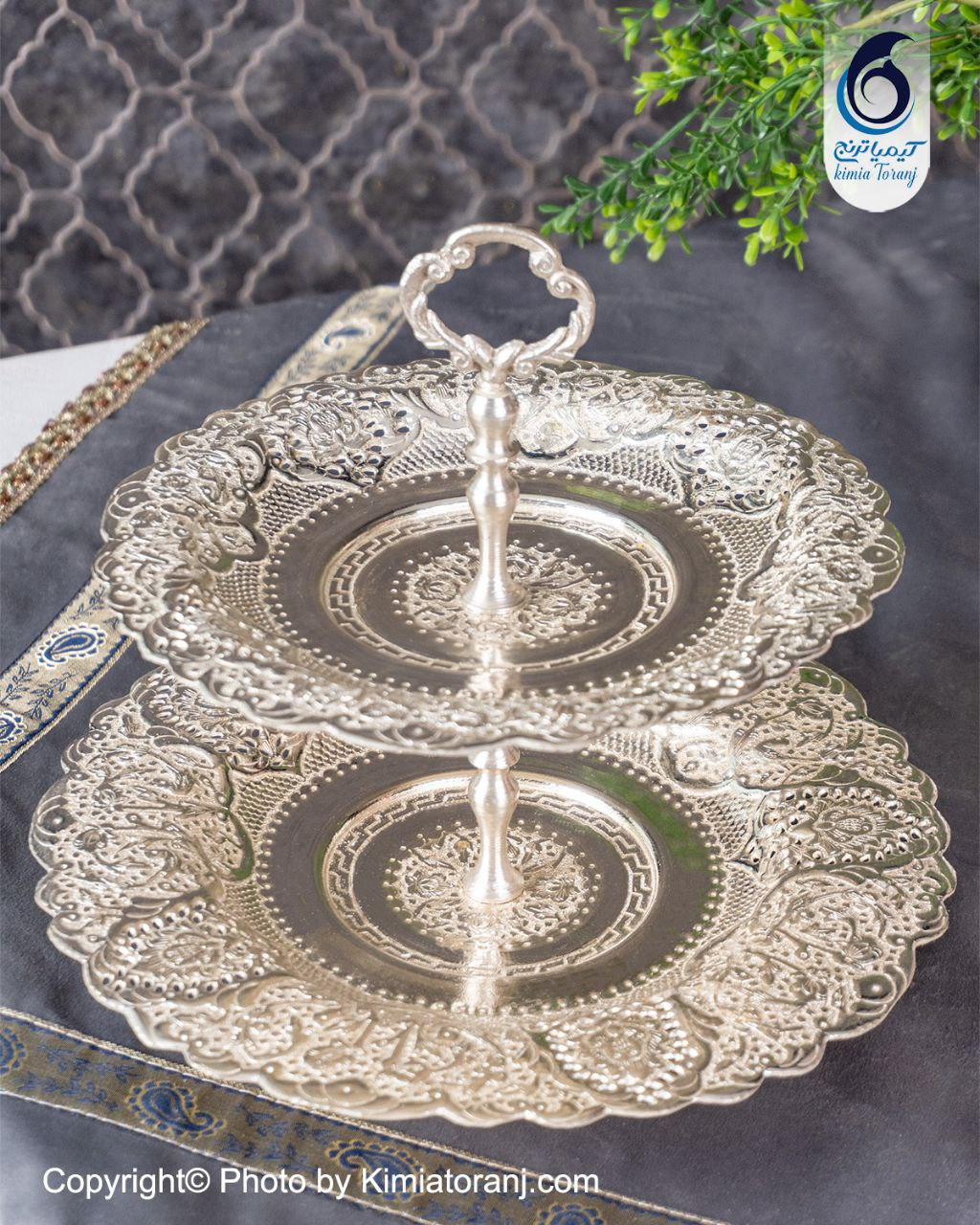 شیرینی خوری شبه نقره دو طبقه قلم گل و مرغ