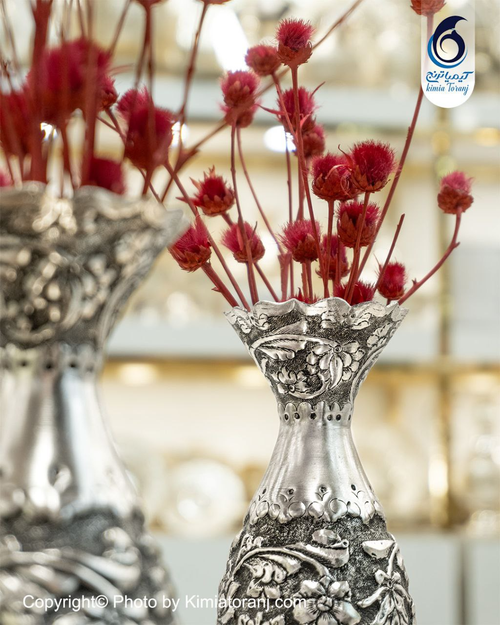 گلدان موشکی  شبه نقره قلم گل برجسته