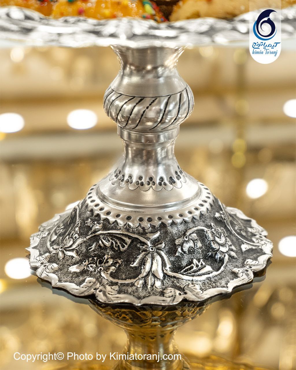 شیرینی خوری شبه نقره تک پایه قلم گل برجسته