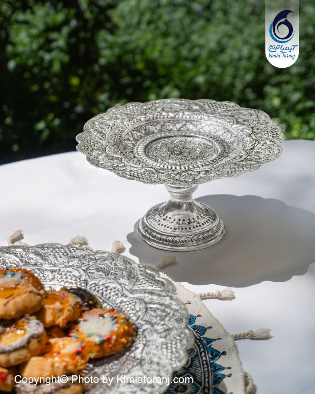 شیرینی خوری شبه نقره تک پایه قلم اسلیمی