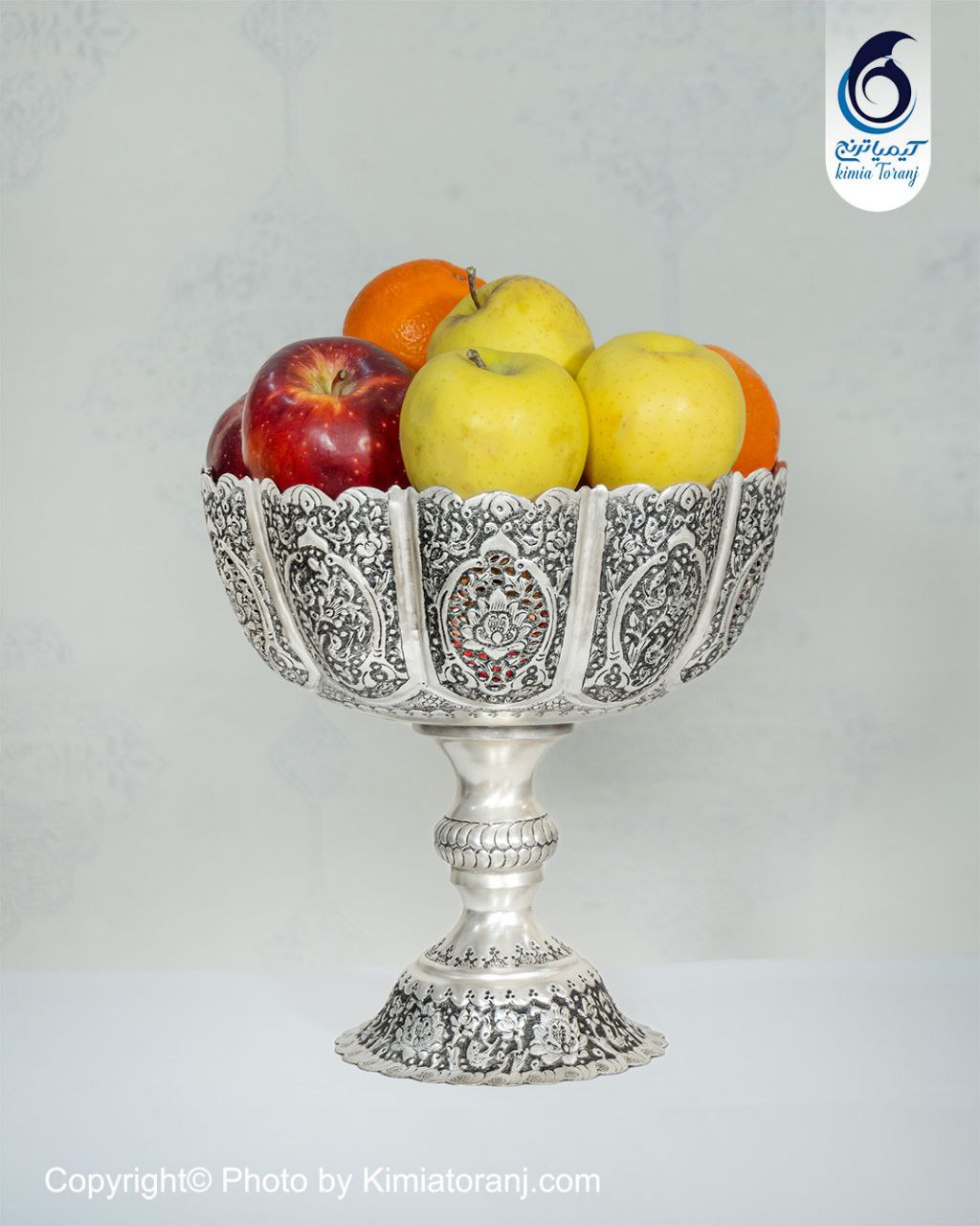 میوه خوری شبه نقره تک پایه قلم گل و مرغ