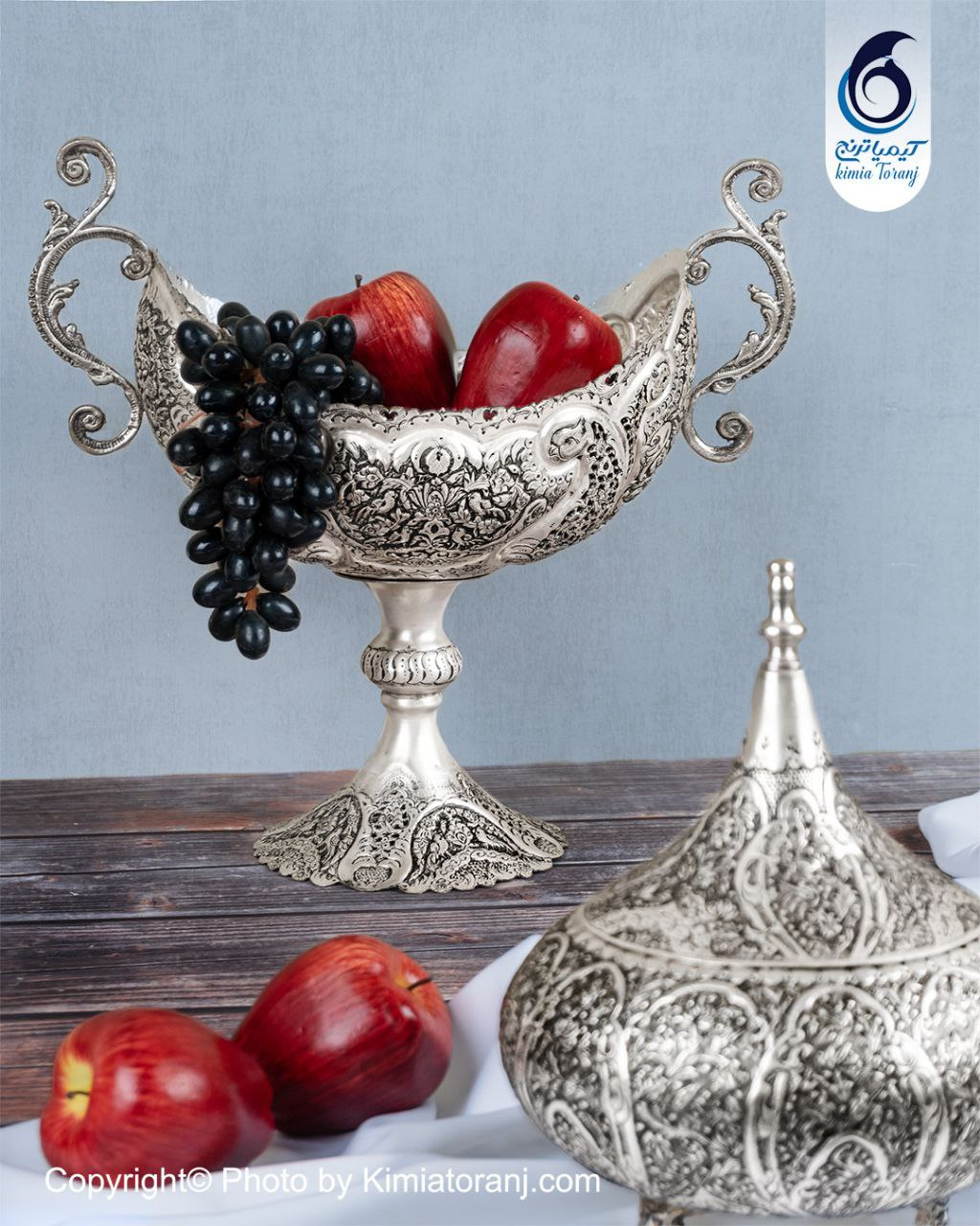 کشکول شبه نقره تک پایه دسته دار قلم گل و مرغ